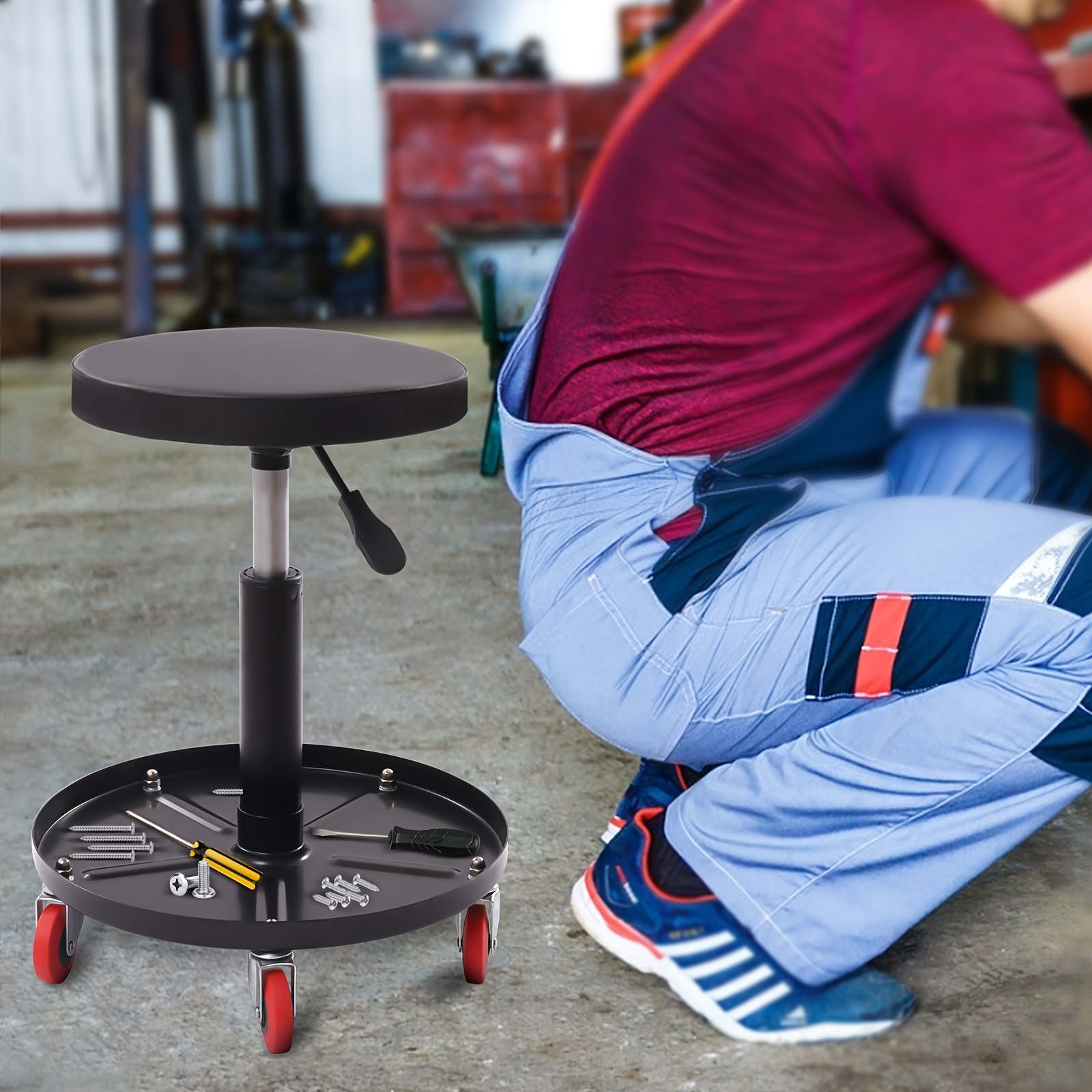 TEMU Oukang Workshop Stool Workshop Seat With Tool Shelf, 360 Degree Rotating Workshop Stool Workshop Chair Height Adjustable Rolling Garage Stool
