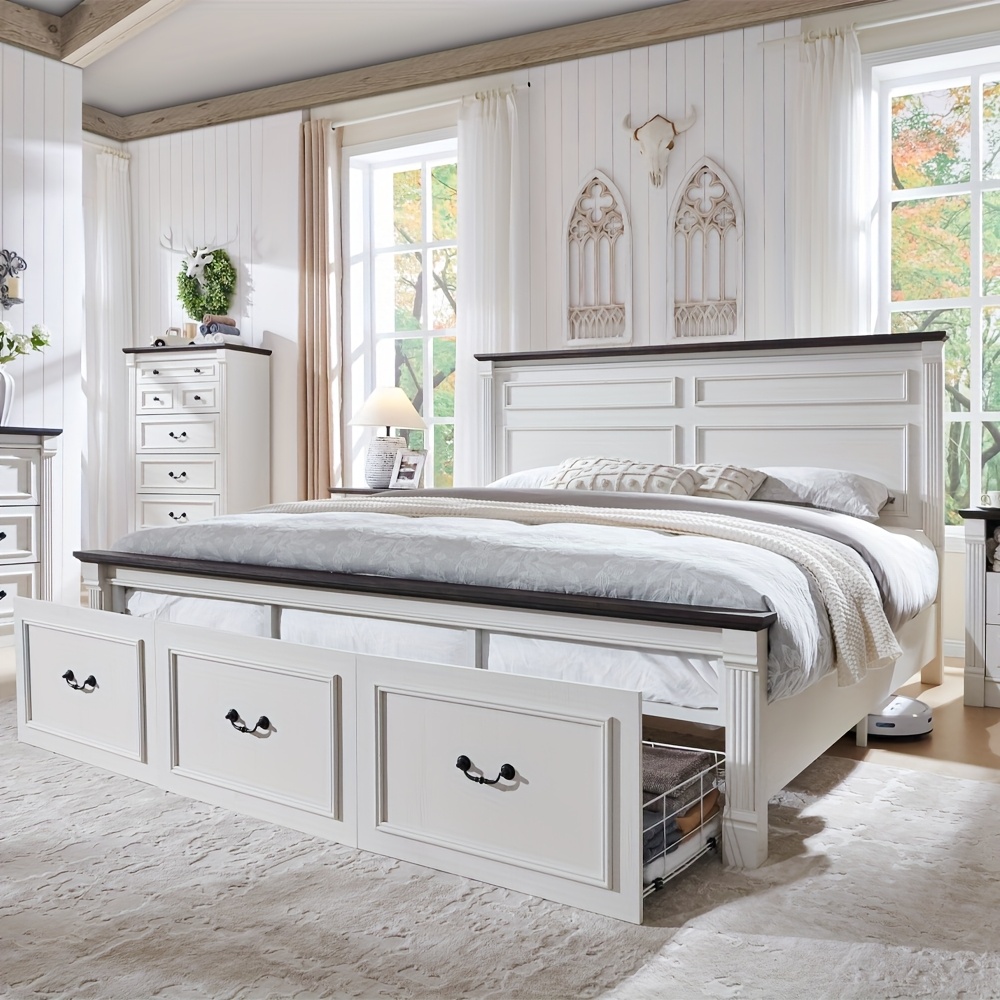 farmhouse king queen full size bed frame with tall headboard wood platform bed frame with 20 tall roman column decoration footboard 3 large storage drawers   spring needed
