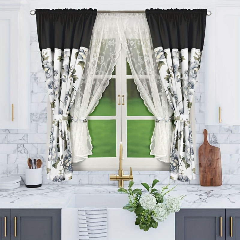 Image of 1set Fhflyinghome Lam468 Model Printed Gauze Lace Curtain Curtain Curtain Curtain Set, Bedroom, Living Room Curtain, Holiday Wedding Curtain Decoration