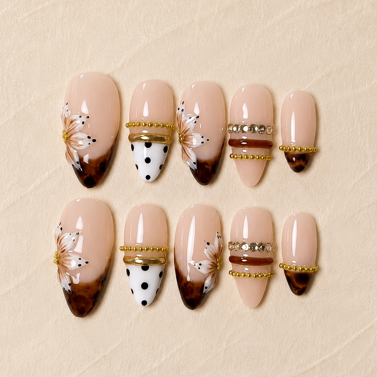 TEMU 10pcs Danartlux Almond Press On Nails Suitable For Daily Wear & Special Occasions, Tortoise Brown Gradient French Tips With White Floral & Black