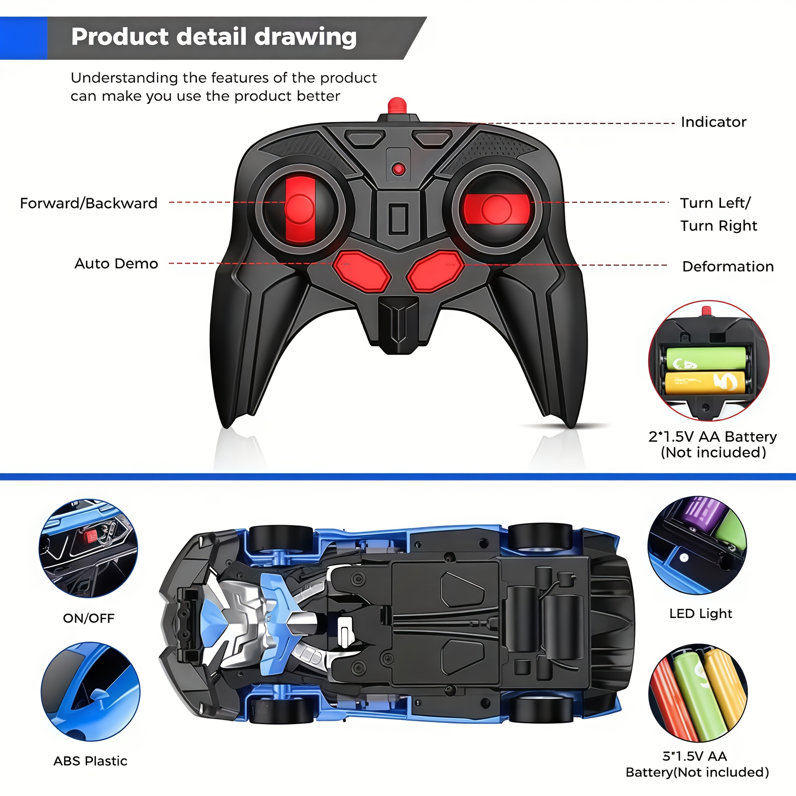 Transformer Car Robot, R/C Remote Control Car Toy, One-button Transformation, 1:18 Ratio, 360° Rotation Drift, Suitable for Toys, Gifts, Educational Toys for Children Over 3 Years Old