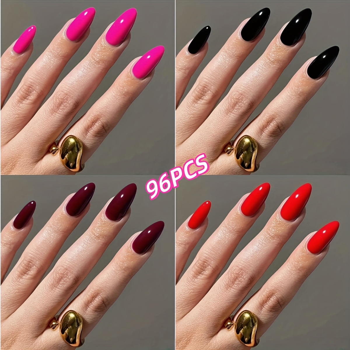 TEMU 96pcs Trendy 4-color Medium Length Almond Shape Press-on Nails, Pink, Black, Burgundy, ) Beautiful , Glossy Surface, Easy To Apply And : Perfect