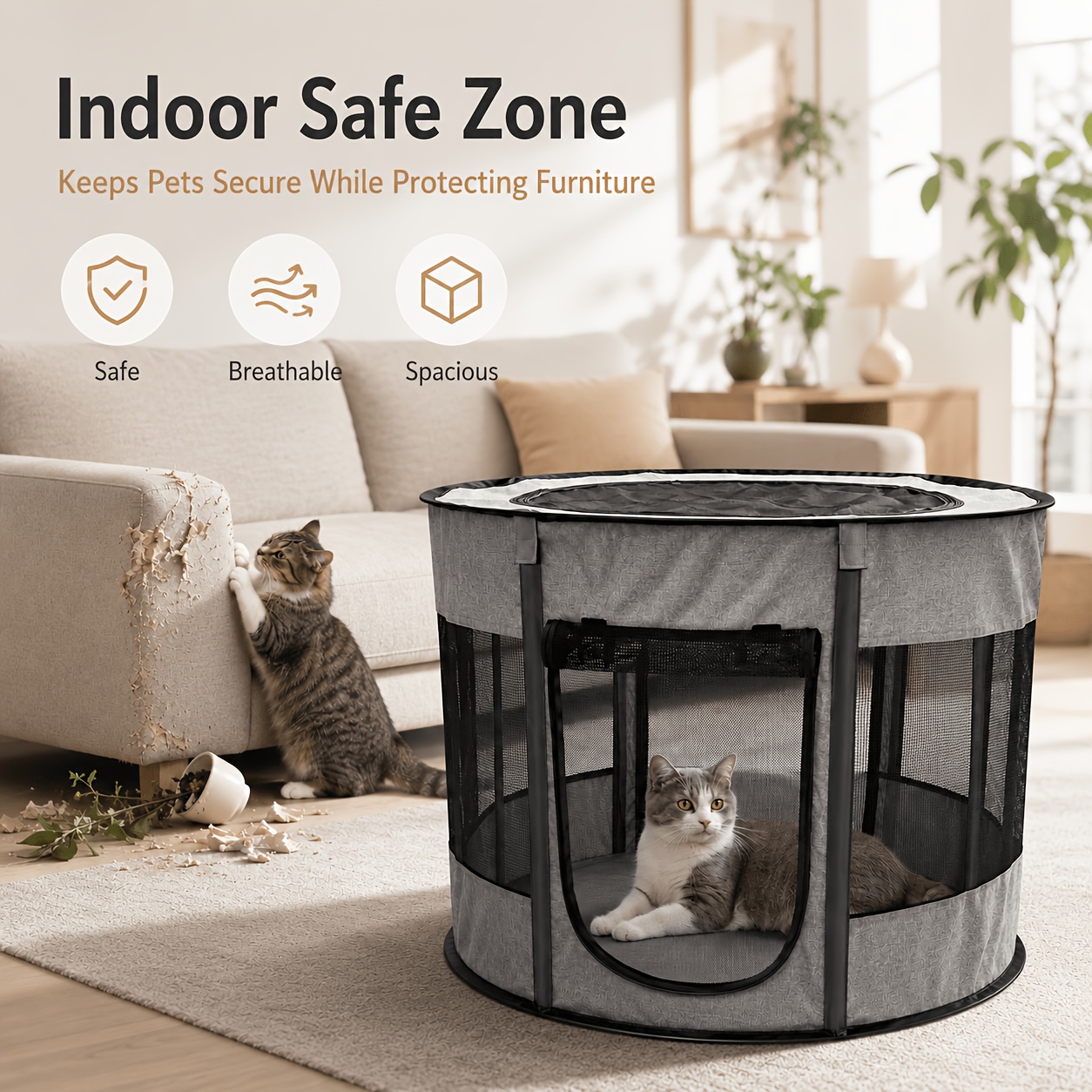 Foldable Portable Pop-Up Pet Playpen with Breathable Mesh Panels