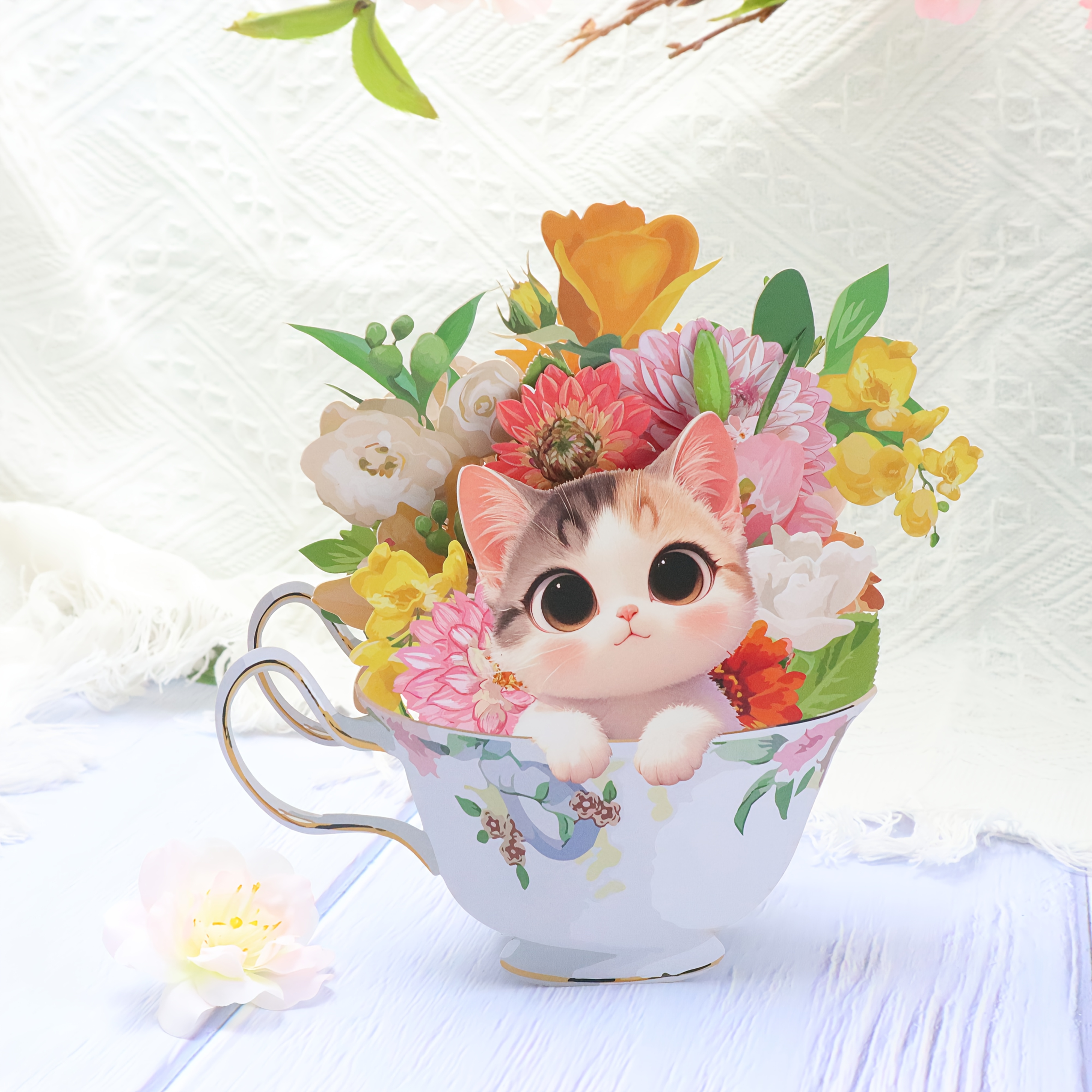 TEMU かわいい猫のティーカップオーナメントグリーティングカード、動物と花のテーマ、折りたたみ式、お祝い用グリーティングカード、卓上オーナメント、誕生日やクリスマスギフトに最適、彼女、母、友達、祖母向け