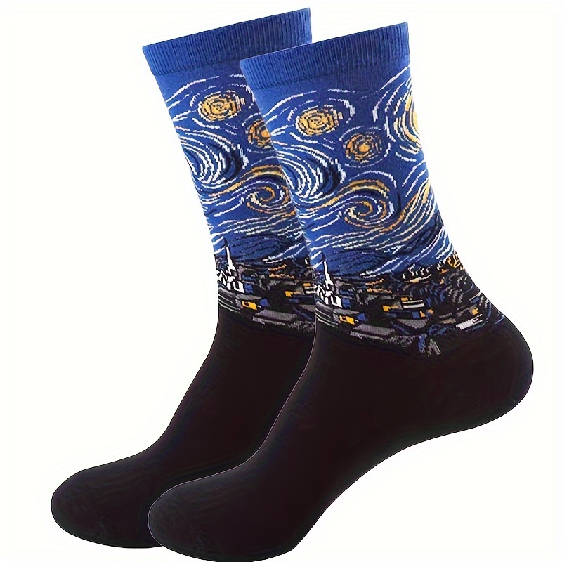 

1 Pair Of Van -inspired Starry Night Mid-calf Socks For - Breathable Polyester, Tropical Print, Fit With Band, Ideal For Casual Wear, Cute Socks