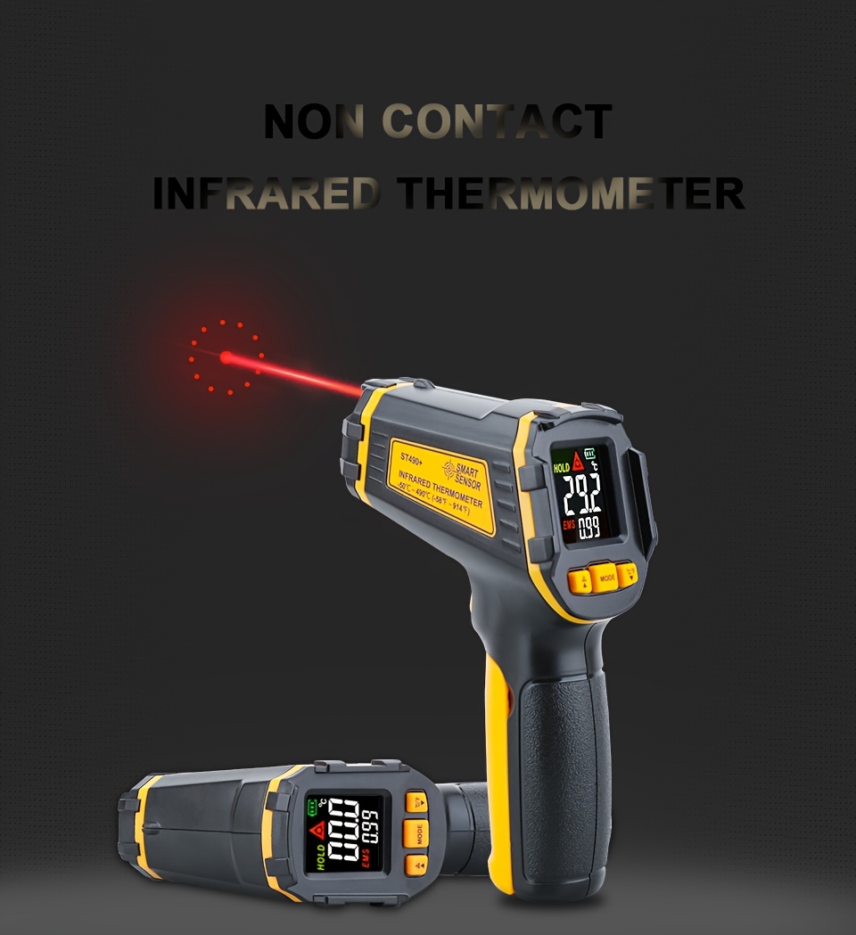Non-Contact Infrared Thermometer with Humidity Monitor, 50°-490° Measurement Range, Color Screen Alert Function, ABS Plastic, Battery Operated - Ideal for Lab & Field Us