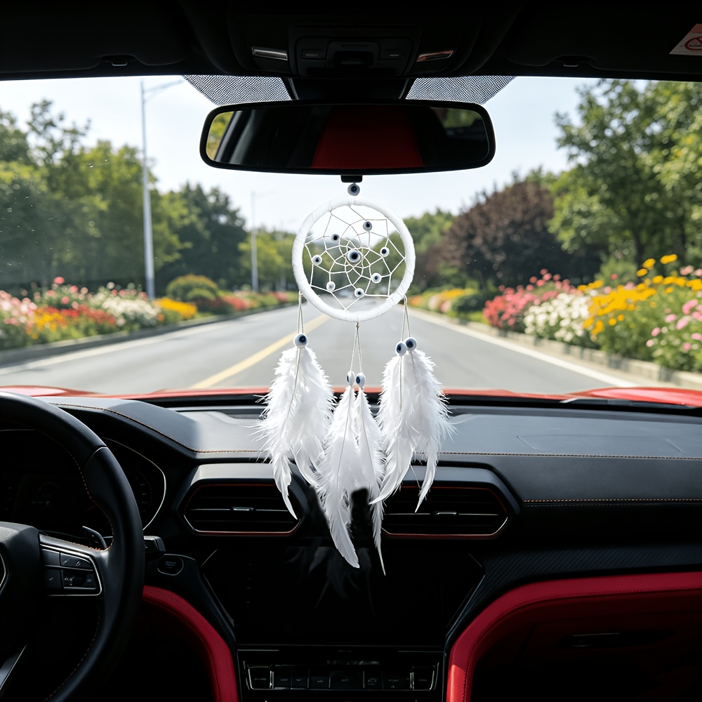 TEMU Ornement 2D plat à suspendre au rétroviseur de voiture, attrape- Œil de démon, décoration de voiture tissée bohème à suspendre avec plumes