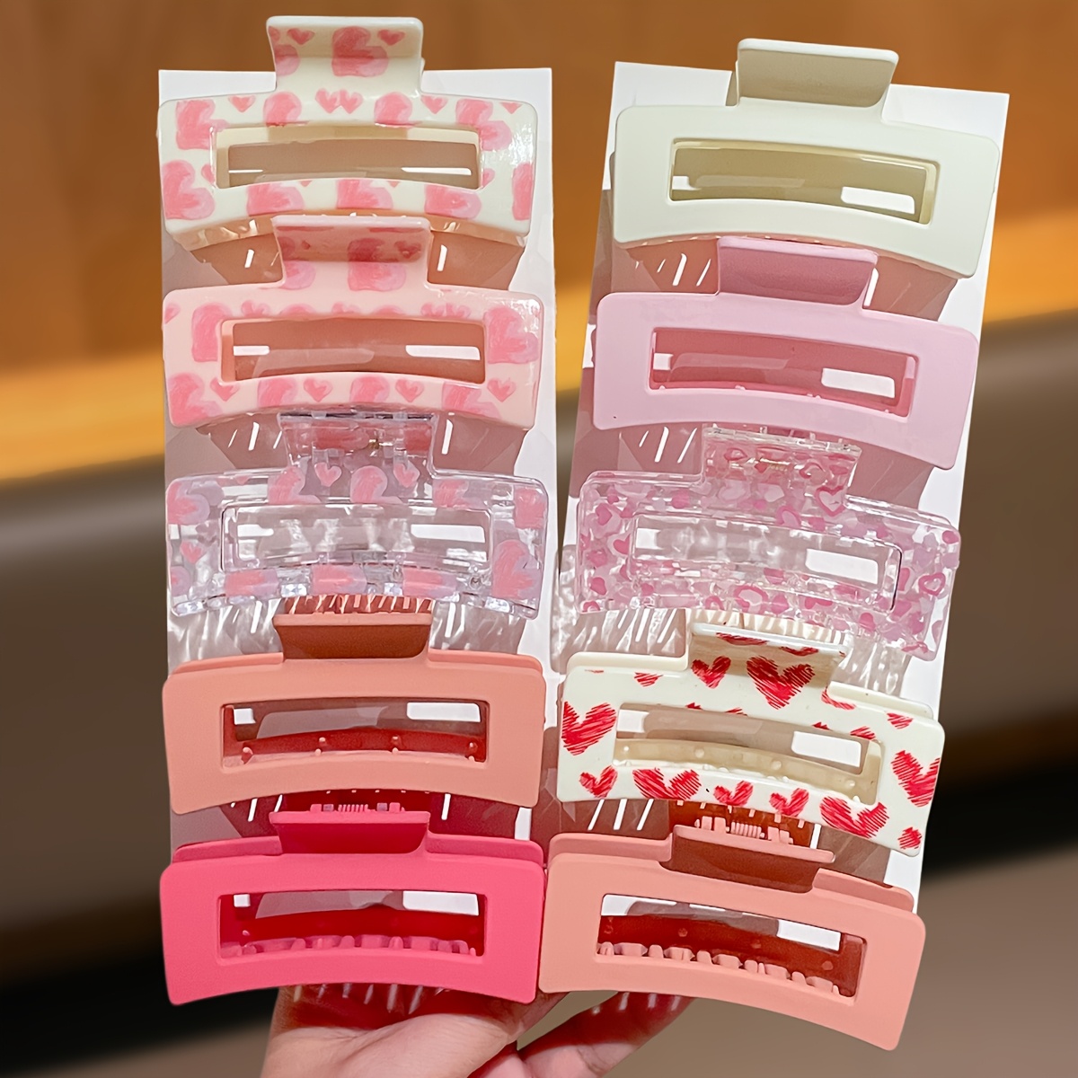 TEMU 10pcs Women's Travel Updo And Half-updo Suitable, , Square Hair Clips, Large Size Anti-slip Shark Clips, Sweet Heart Print Hair Additions,