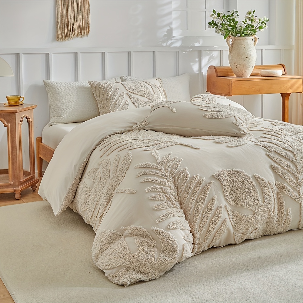 3D Leaf Pattern Duvet Cover Set 2/3pcs Set - High-Quality Tufted Craft, Distressed Style Washable Bedding, Soft Breathable Khaki Bedroom Decor, Multi-Size Available, All-Season Bedding