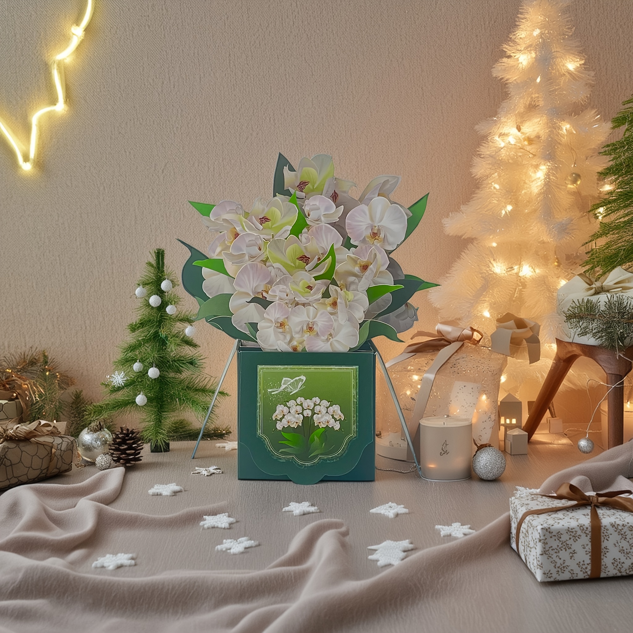 TEMU 1pc, Ornement de table 3D stéréoscopique pop-up, bouquet d'orchidées blanches, carte de vœux, avec bloc-notes et enveloppe - Parfait pour les