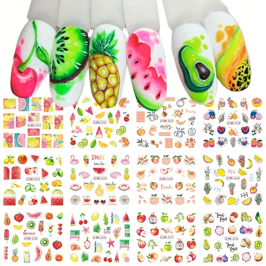 12pcs/set Summer Fruit Nail Art Stickers Lemon Strawberry Watermelon Papaya Cherry Designs Water Transfer Decals Decoration For Women