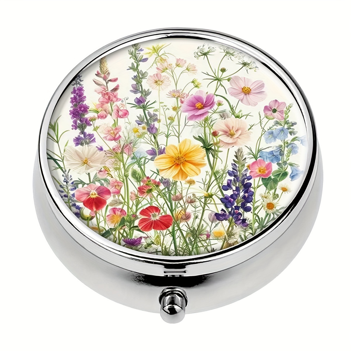 2d Flat Floral Pattern Small Storage Metal Portable Organizer For Vitamins, Supplements, Jewelry, Cosmetics & Daily Essentials, Decorative Box For Pocket Or Purse