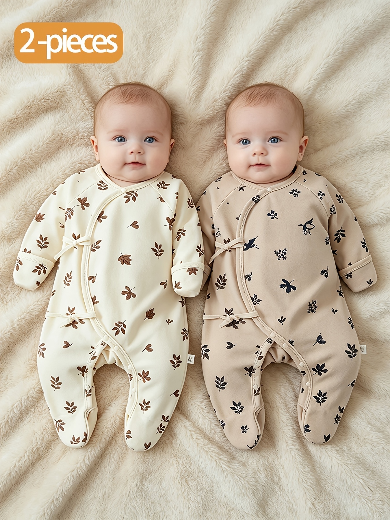 2pcs Baby Jumpsuit Set with Leaf and Bird Pattern