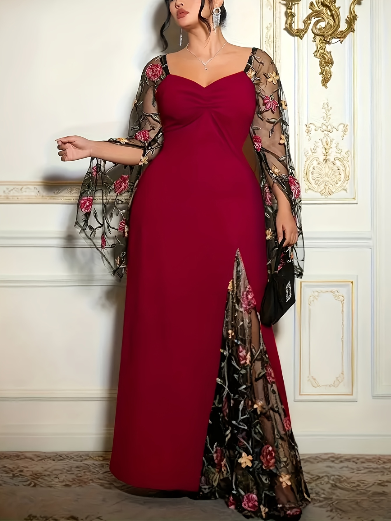 Plus Size Women's Elegant Floral Embroidered Maxi Dress with Mesh Panels, Wedding & Evening Gown, Square Neck Slit Dress