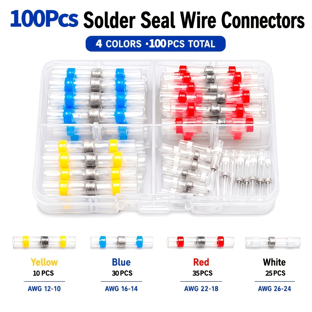 TEMU Kit de 100 piezas de fundas termorretráctiles para soldar, conectores de cables | Tubo termorretráctil con anillo de soldadura engrosado,
