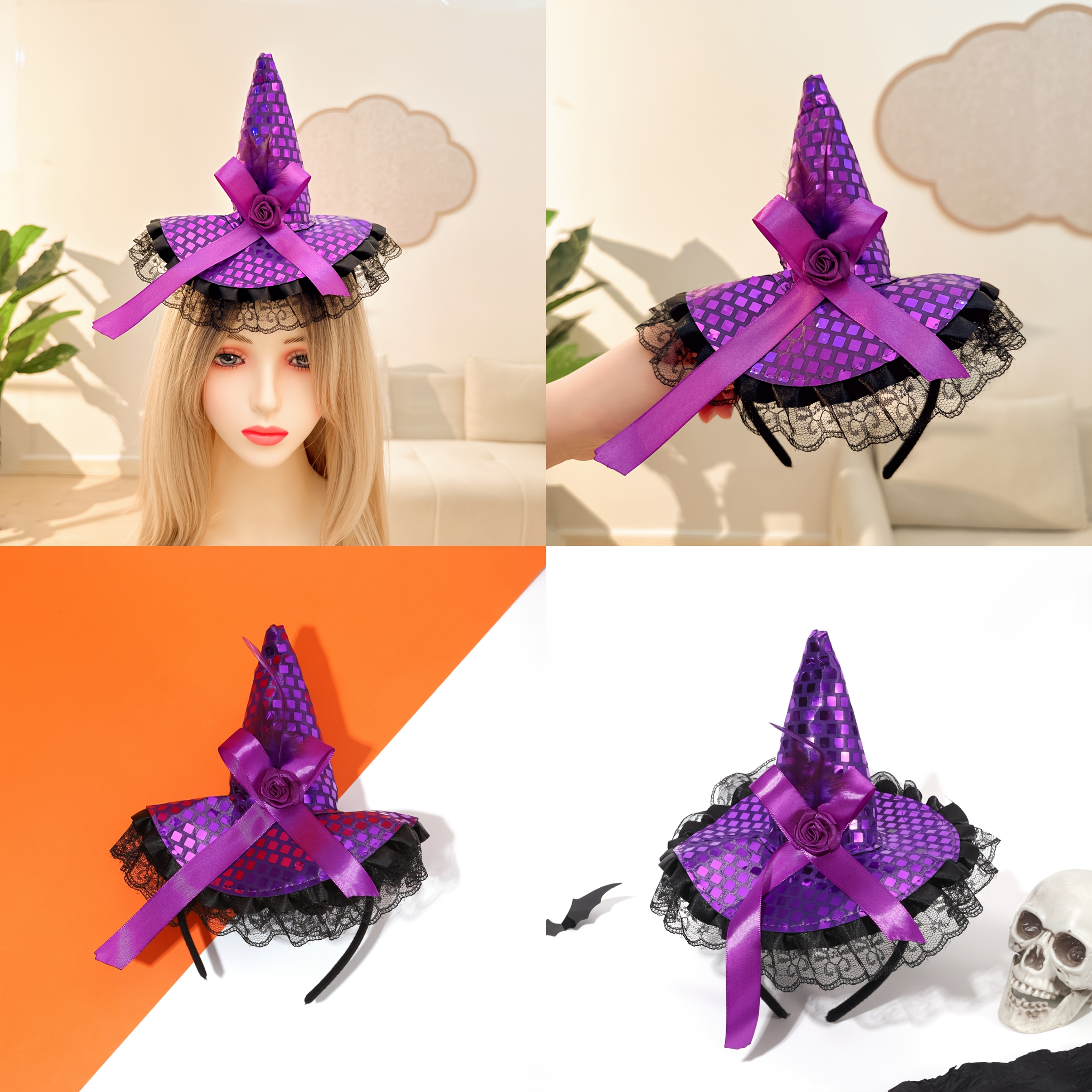 1pc halloween witch hat headband purple sequins purple rose  display picture 2