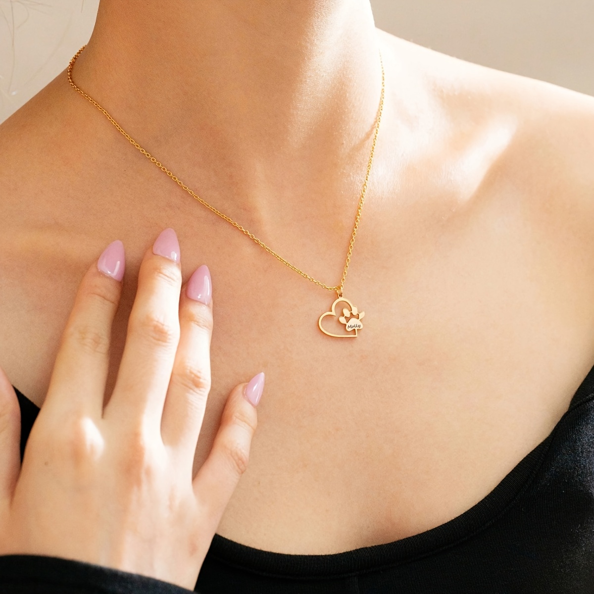 Custom Black Label Name Heart Cat Paw Pendant Necklace