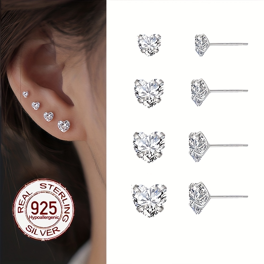 

A Pair Of Women' Earrings Made Of S925 Pure Silver, Hypoallergenic, Featuring Sparkling Heart-shaped Synthetic Zirconia In Sizes 3-6mm.