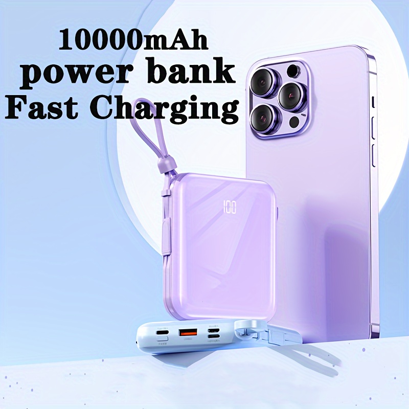 

10000mah Portable Power Bank, With Led Power Display, Built-in Wires, Outdoor Emergency Backup Battery Pack, Suitable For Iphone/android Mobile Phone Digital Electronic Equipment, Holiday Gifts