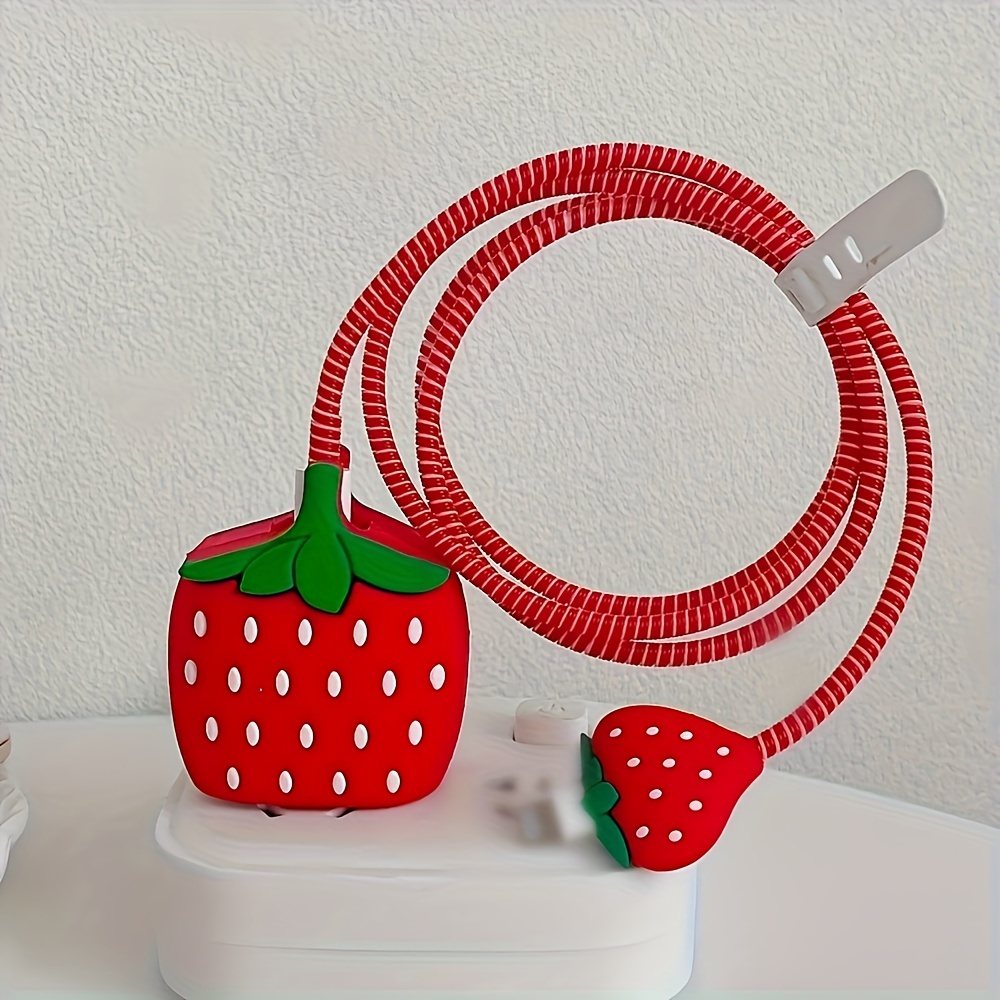 

20w Strawberry Charger Protector Set: Includes 1.4m Coiled Cable, 2 Charger Caps (large & Small), And A Storage Clasp - Suitable For Iphone Fast Charging