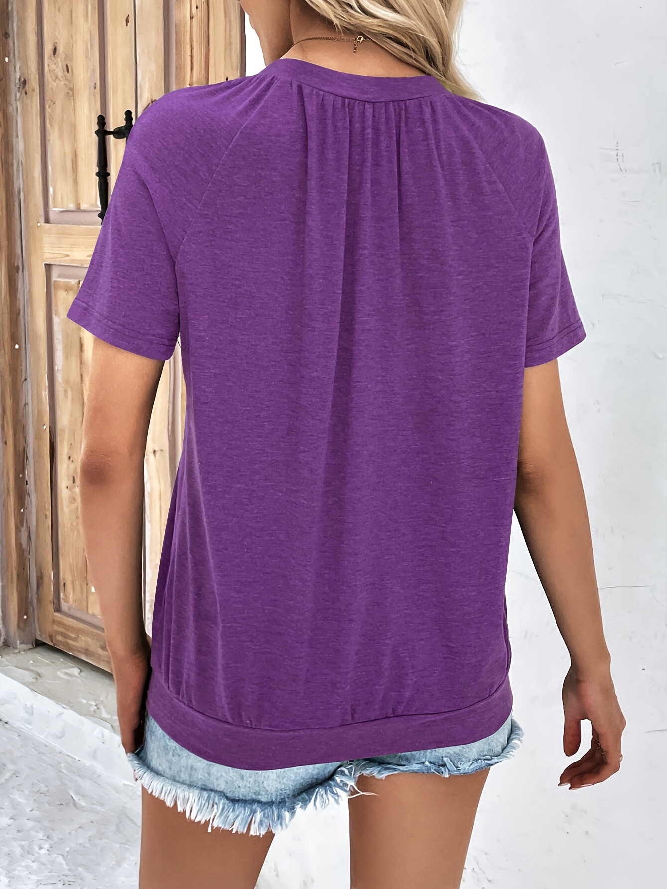 Solid Color V Neck T-Shirt, Casual Short Sleeve T-Shirt For Spring & Summer, Women's Clothing