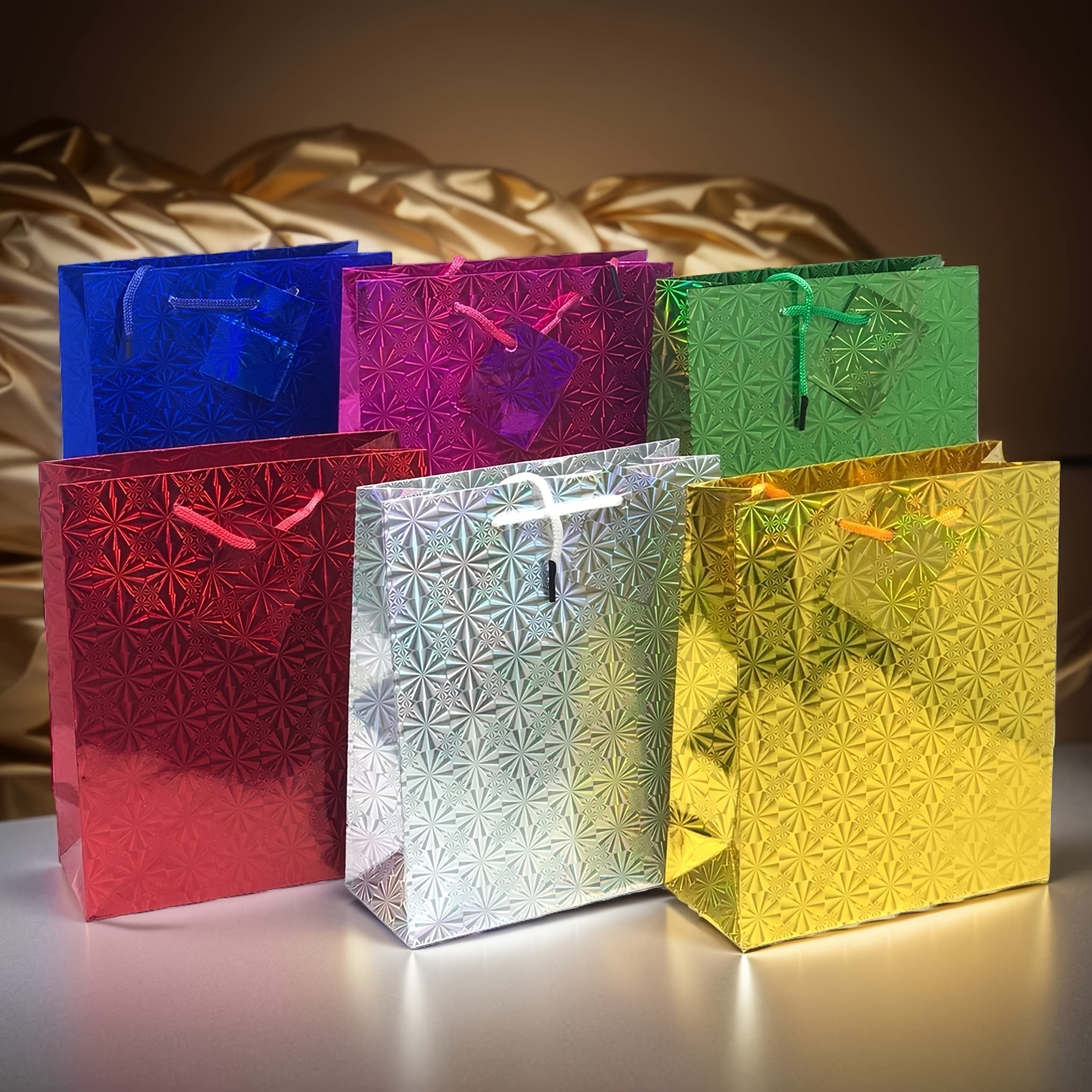 

12pcs Premium Hologram Gift Bags, For Birthday Wedding Graduation Holiday Gift Packing -6 Color Assorted