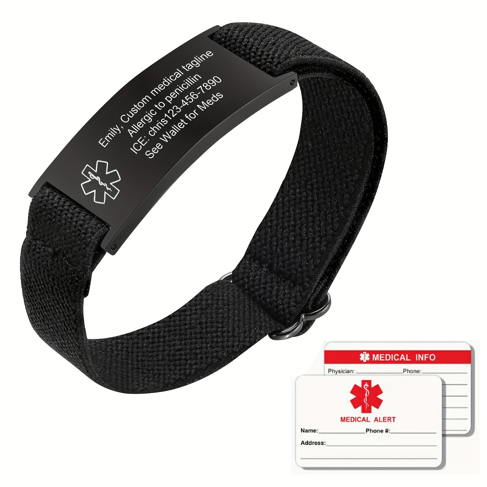 TEMU Pulsera de de emergencia personalizada para , grabable, malla de acero inoxidable ajustable con cordón elástico, especial de emergencia, tarjeta
