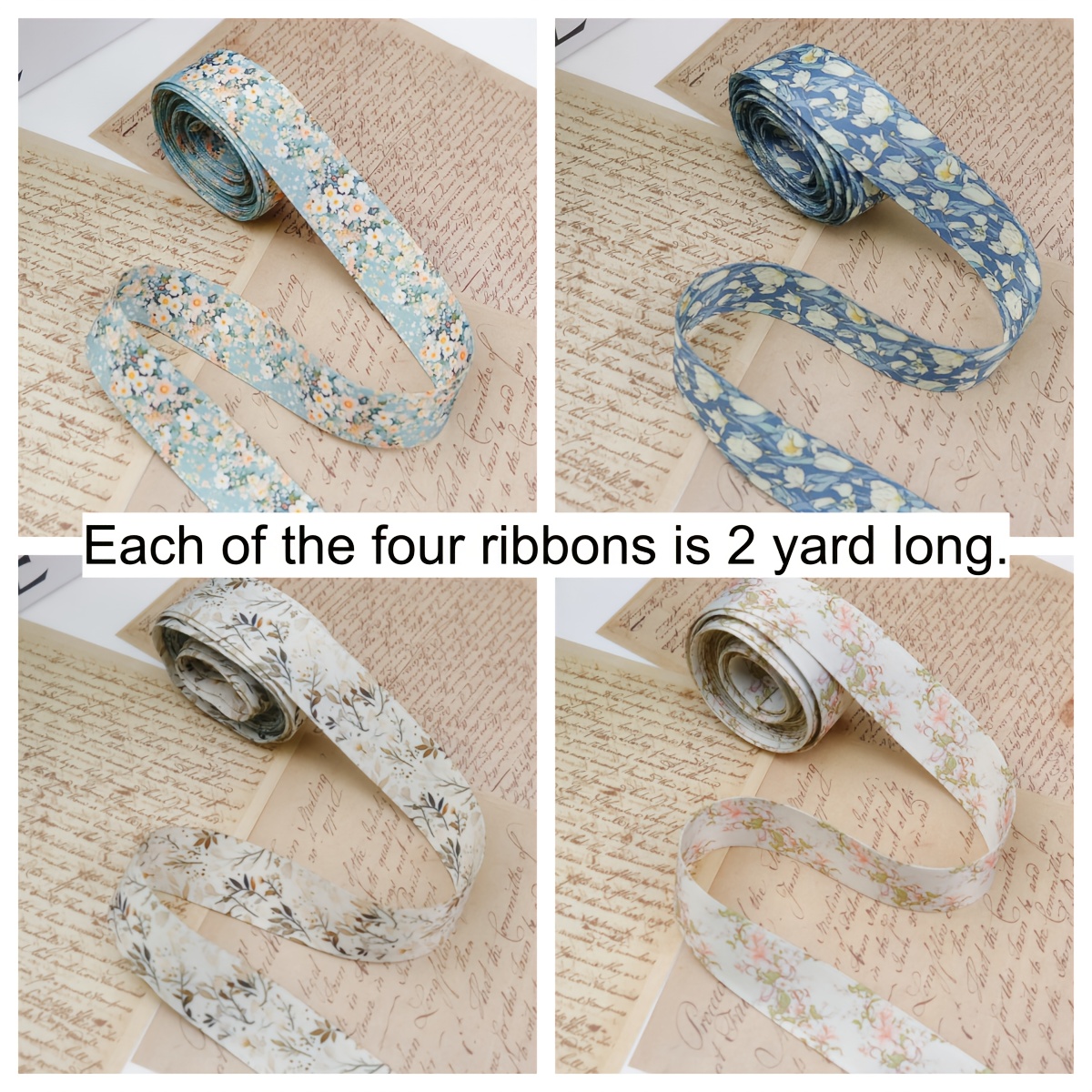 TEMU 4 Styles, 2 Lengths Each (total 8 Lengths), 2.5cm/1 Inch Polyester Matte Aqua Green Floral Ribbon - Suitable For Gift Box Wrapping, Bouquet