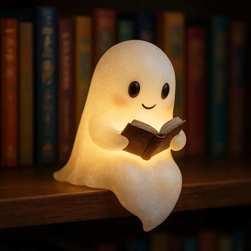 cute glowing reading book lamp - plug-free battery-powered warm light with cozy book light effect, 8.6 adorable plush-like figurine with eyes & glowing pages - indoor/outdoor halloween & decor, night light for bedroom, shelf, mantel - ideal gift for book lovers & spooky home decor Product details 3