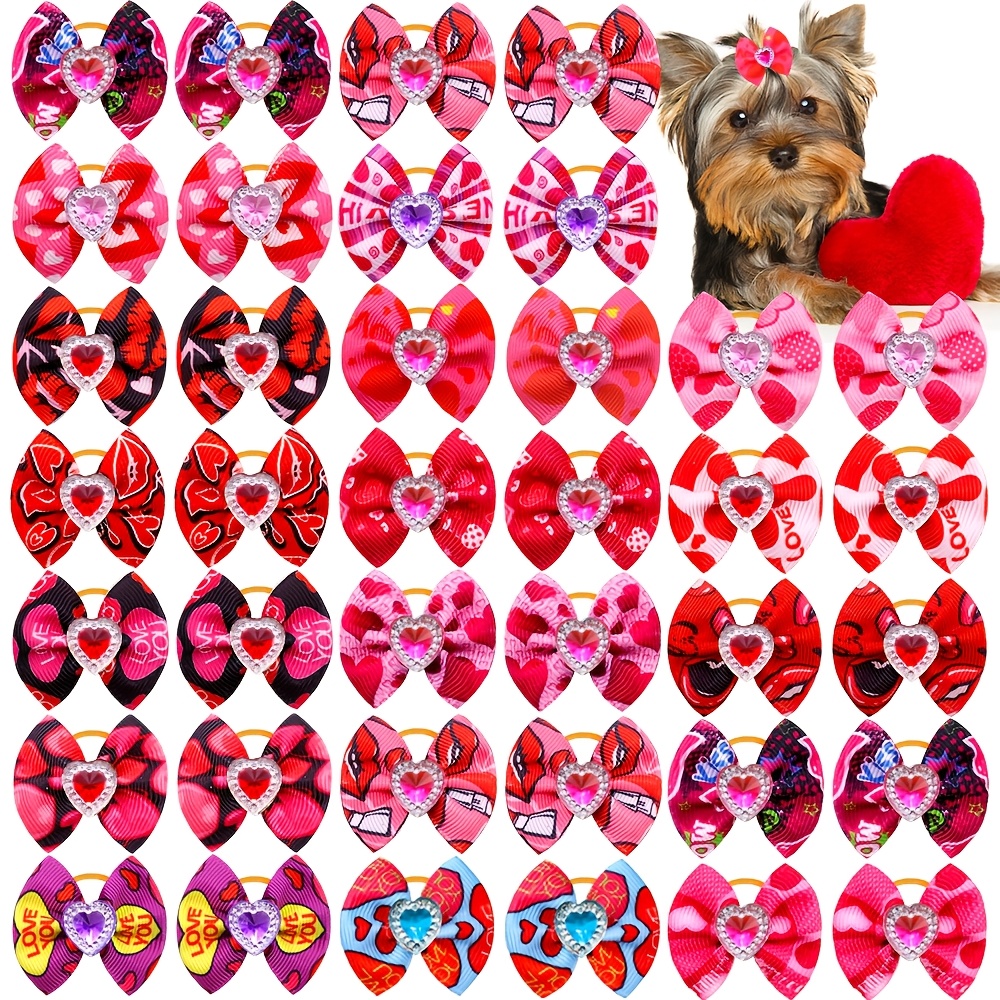 

20pcs Assorted Pet Hair Bows With Heart Rhinestones - Cute Grooming Accessories For Valentine's Day