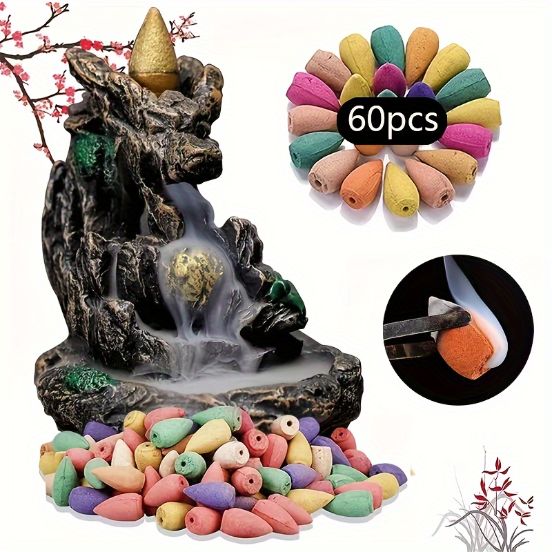 

Resin Waterfall Incense Burner With 60 Mixed Backflow Cone Incense - Decorative Aromatherapy Waterfall Smoke Incense Holder For Home, Living Room, Bedroom, Study, Tea Table Decor