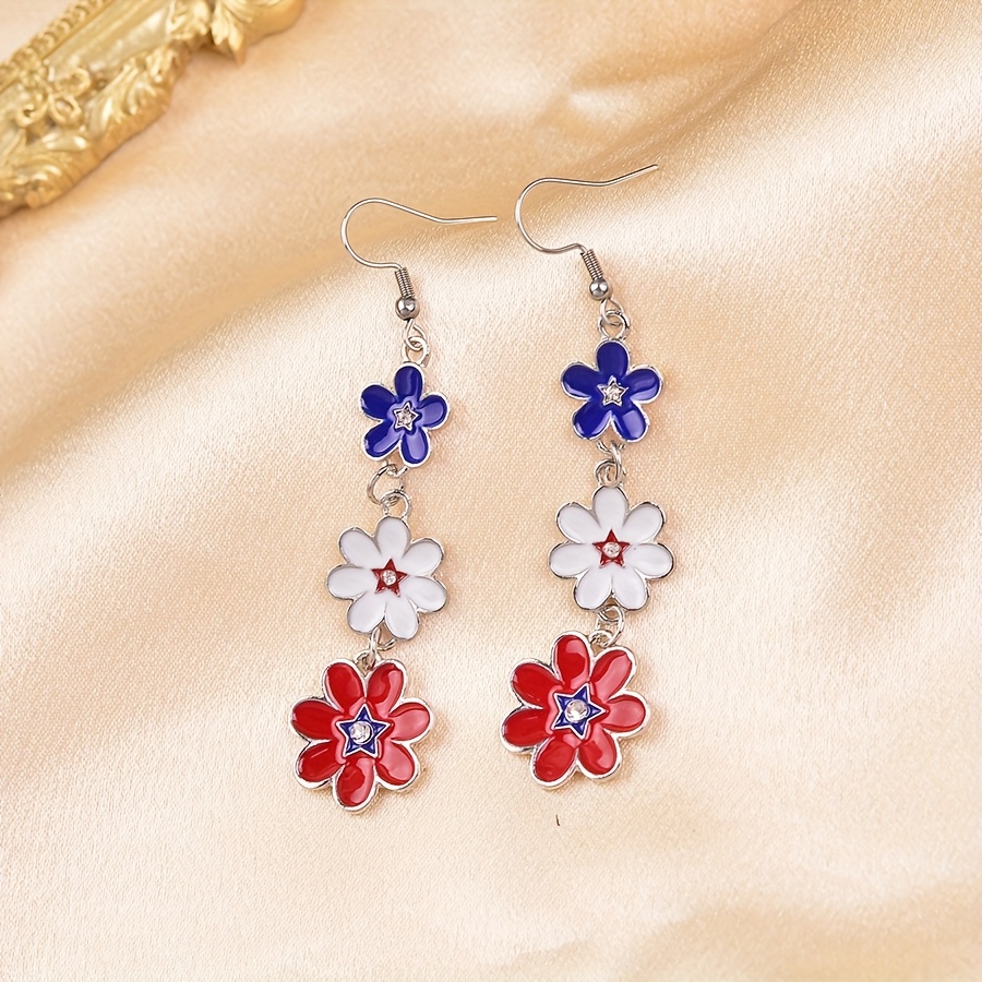 TEMU A Pair Of Alloy Earrings Featuring Red, White, And Blue Flower-shaped Star Patterns, Wear And Will Look More Beautiful With A Dress