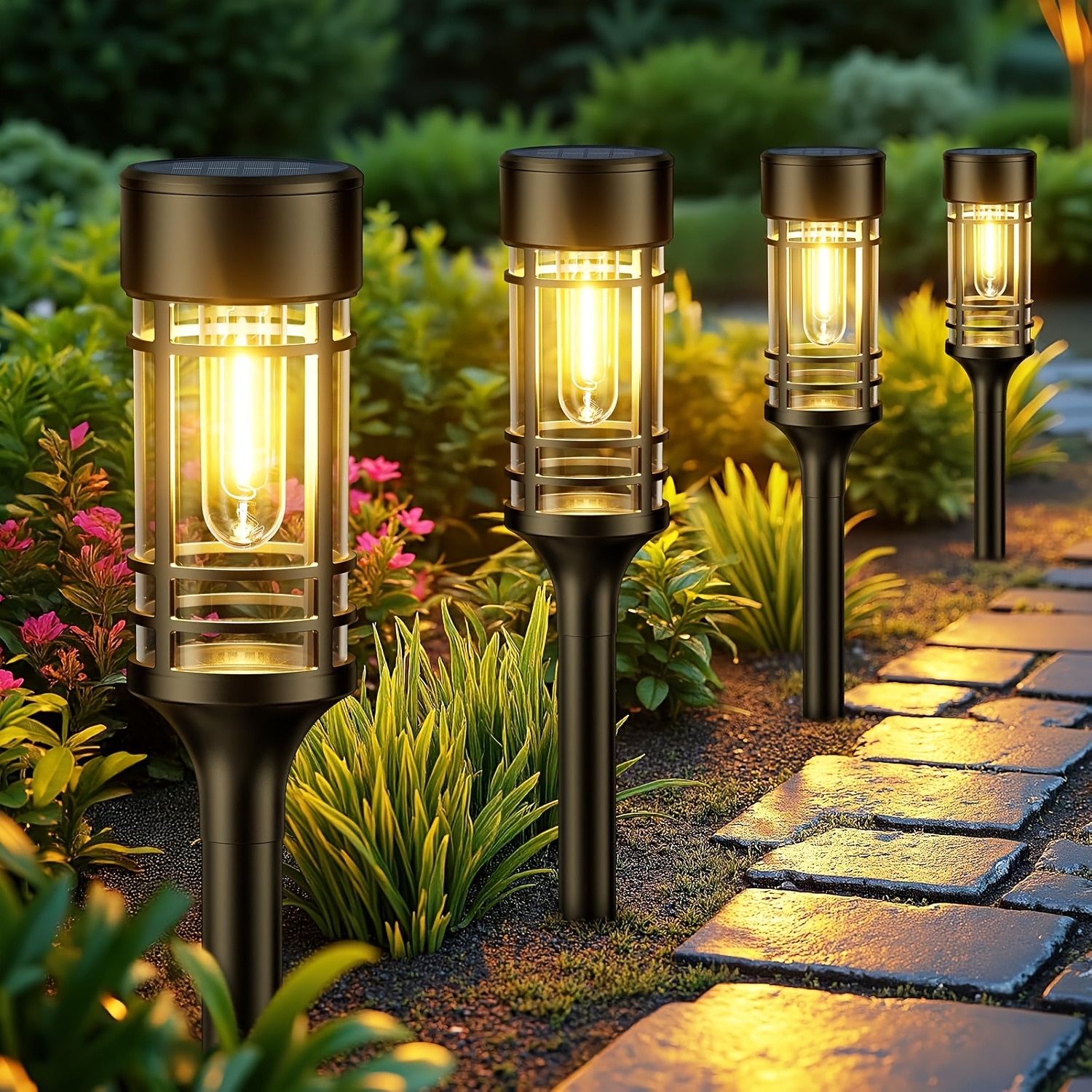 E-shop 4er-Pack Solar-Wegeleuchten für draußen mit 3000K warmem LED-Filament, automatisches Ein/Aus, IPX5 Gartenleuchten geeignet für Hof, Gehweg,