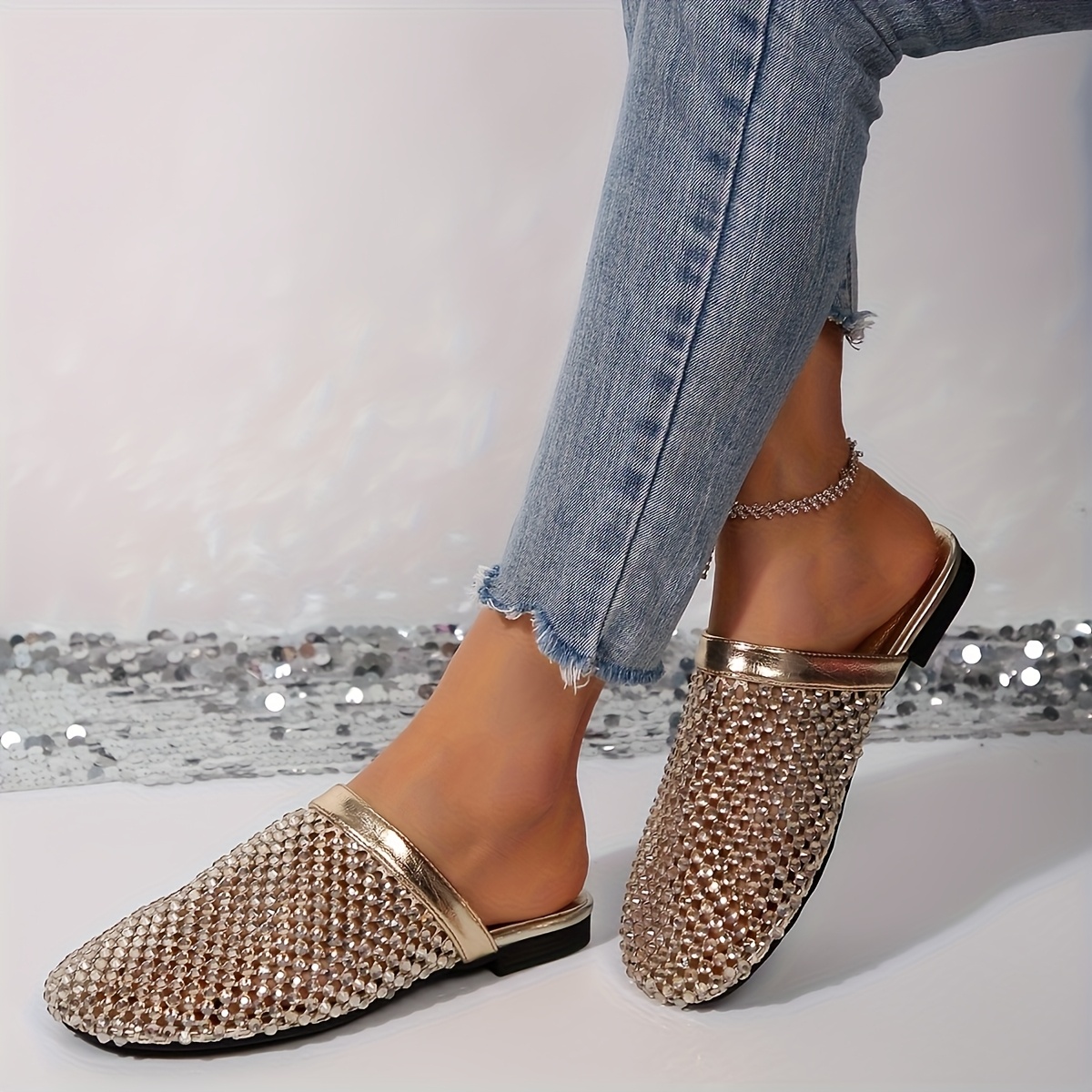 Women'S Sparkling Round-Toe Slip-On Mules with Low Heel - Golden Tone, Faux Upper, Synthetic Insole, All-Season Comfort Shoes, Fashion Footwear|Sparkling Detail|Synthetic Upper, Mules