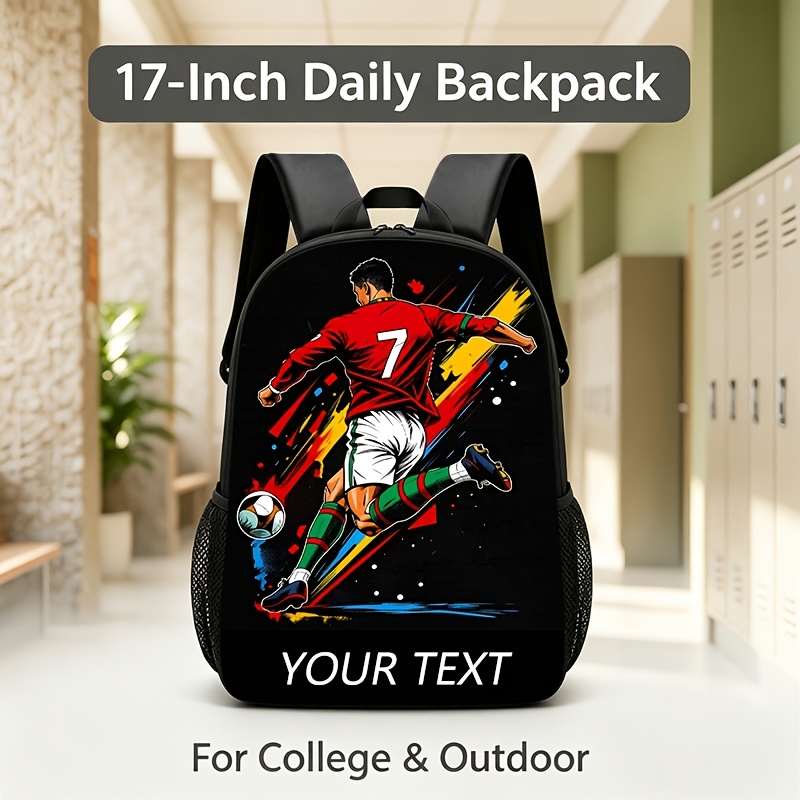 TEMU 1 stuks 2D Geprinte Gepersonaliseerde Rugzak, Voetballer Lichtgewicht Casual Stijl, met Verstelbare Schouderbanden, Ritssluiting, Geschikt voor