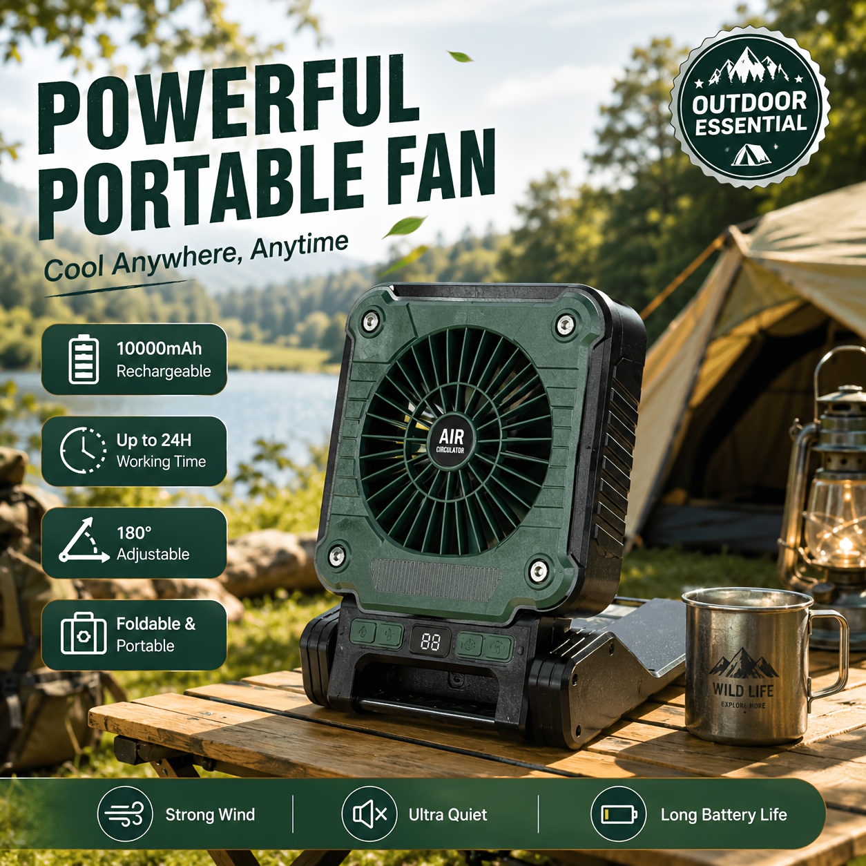3-in-1 Camping Fan With Charging, Lighting And Fan Functions, Battery-powered Portable Camping Fan With Led Lantern, Featuring Timer & Rotatable Charging Fan, Ideal For Tents, Barbecues And Travel Use