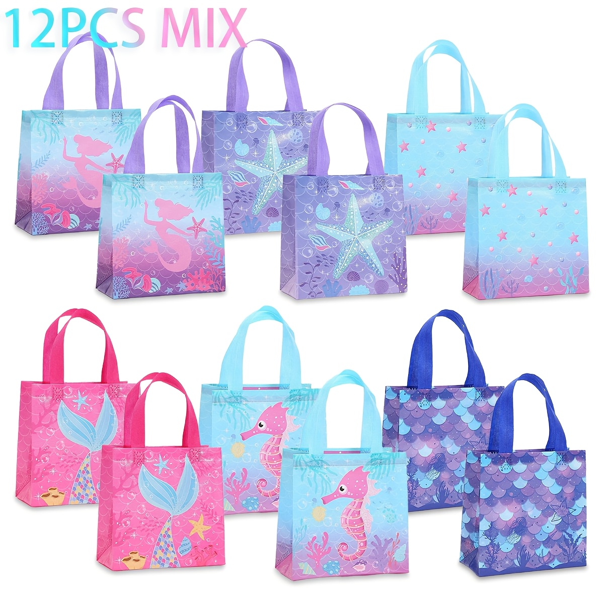 Image of 12pcs -themed Party Mermaid Print Non-woven Gift Bags, Tote Bags For Shopping, Gift Wrapping Bags, Birthday Gift Bags For Day Parties, Shopping Tote Bags, Party Gift Bags For Additions