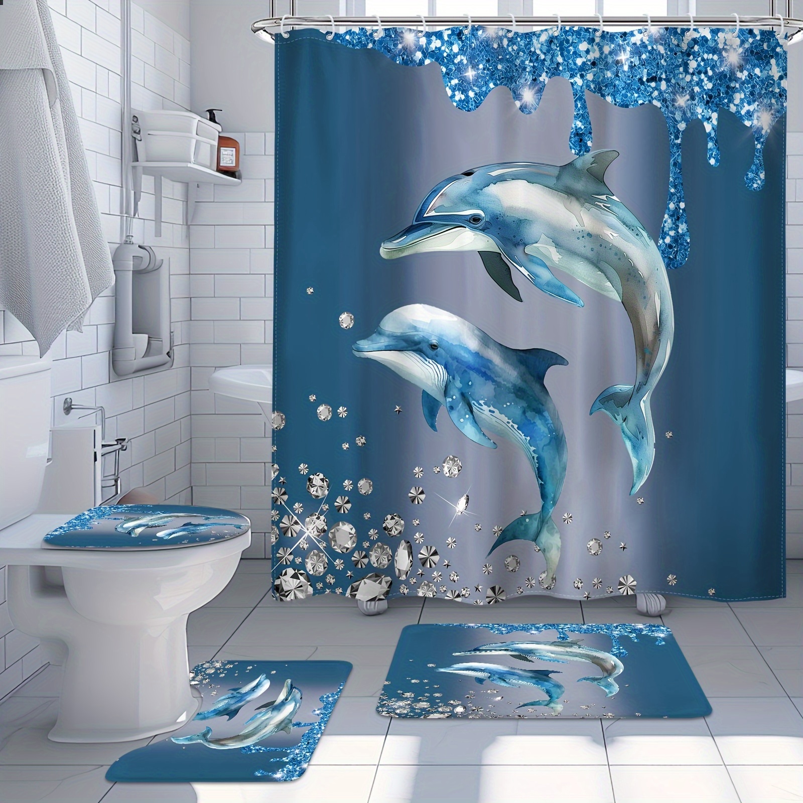 

1pc/4pcs - Shower Curtain Set, Vintage Ocean Animal Glitter Diamond Decor 12 Hooks Waterproof Shower Curtain, Non-slip Bathroom Floor Mat, Toilet U-shaped Mat, Cover Mat, Home Decor Gift