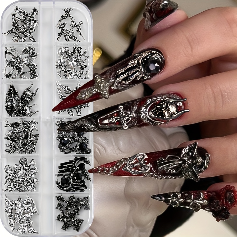 Image of 48pcs Halloween Nail Charms, Alloy Metal Nail Art Decorations With Pumpkin Bat For Spooky Manicure