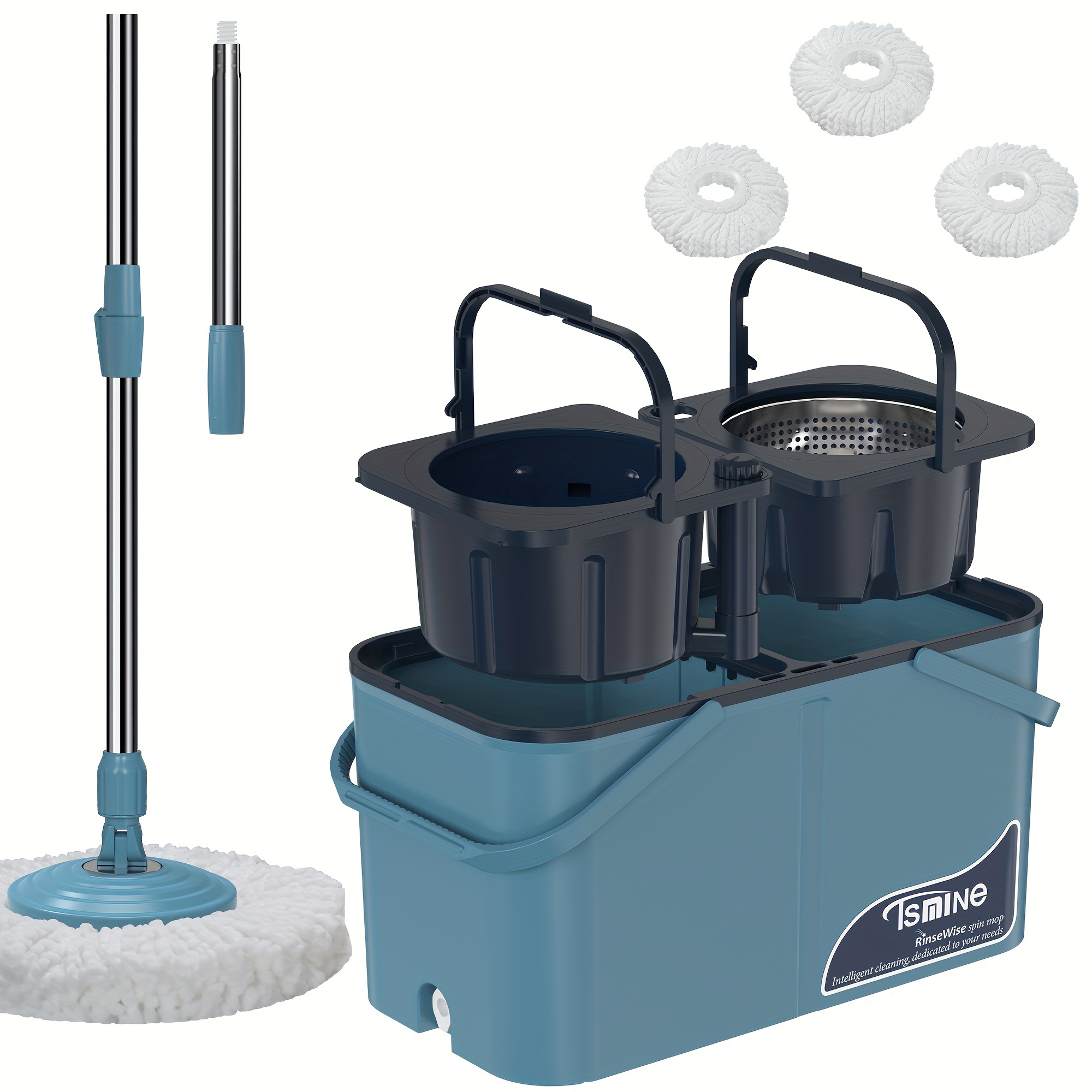 

Patented 4-chamber Spin Mop, Mop Bucket With Separate Compartments, 360 Mop & Bucket With Wringer Set, Hardwood Floor Mop, Use Mop With 3 Replacement Mop Heads Refill, 62" Extended Handle, 4x Wheel