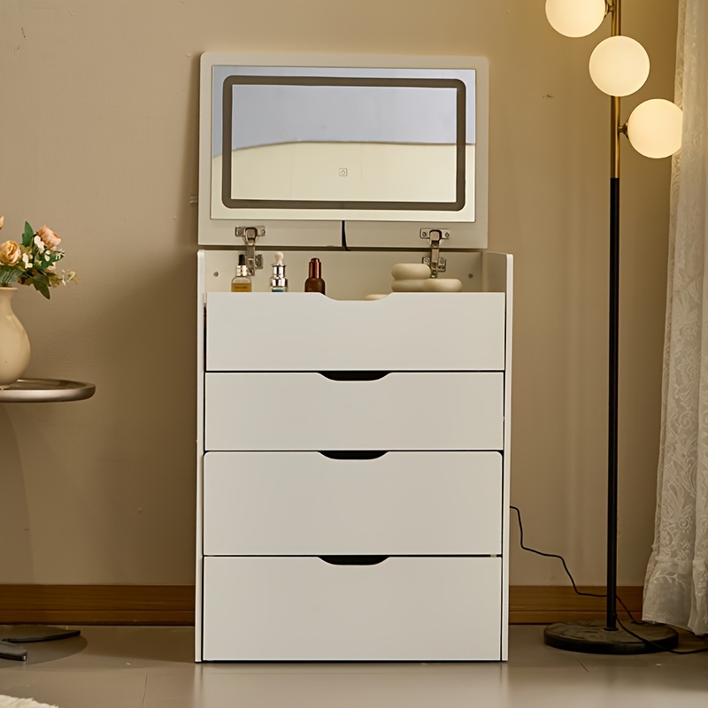 TEMU 3-in-1 Vanity Desk With Mirror And Lights, Small Vanity Desk Set With Glass Tabletop, 3 Drawers, Storage Bench, 3-color Lighting Mirror, Suitable For Bedroom Small Vanity Desk