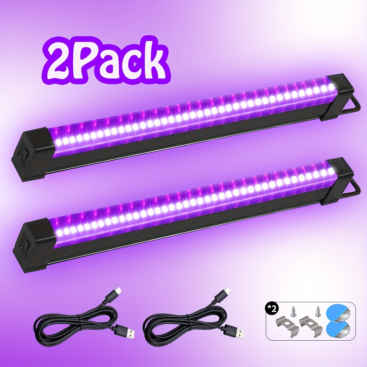TEMU Set mit 2-4 Schwarzlichtleisten mit 40 LEDs bei 395Nm, ausgestattet mit einem USB-Stecker und Schalter sowie einem 150cm/59Zoll-Netzkabel. Ideal