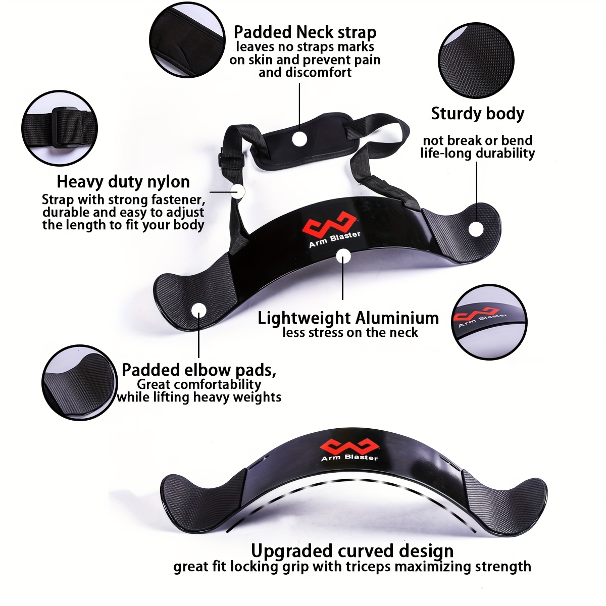 [MANUEKLEAR Arm Blaster] MANUEKLEAR Adjustable Thick Iron Arm Blaster Bicep Curl Bar | Black with Red Logo, Barbell Curl Assist for Strength Training, Sleek Design, Durable Construction