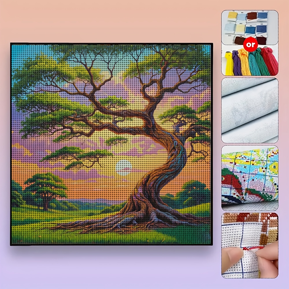 DIY Cross-stitch Printed Kit, Unframed Whimsical Big Tree at Sunset Design