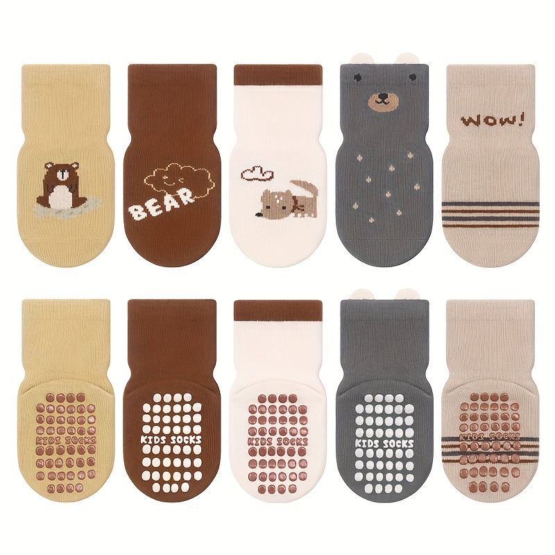Image of 5-pair Children's Non-slip Socks With Cute Cartoon Bear Pattern For Boys And Girls, Indoor Floor Socks