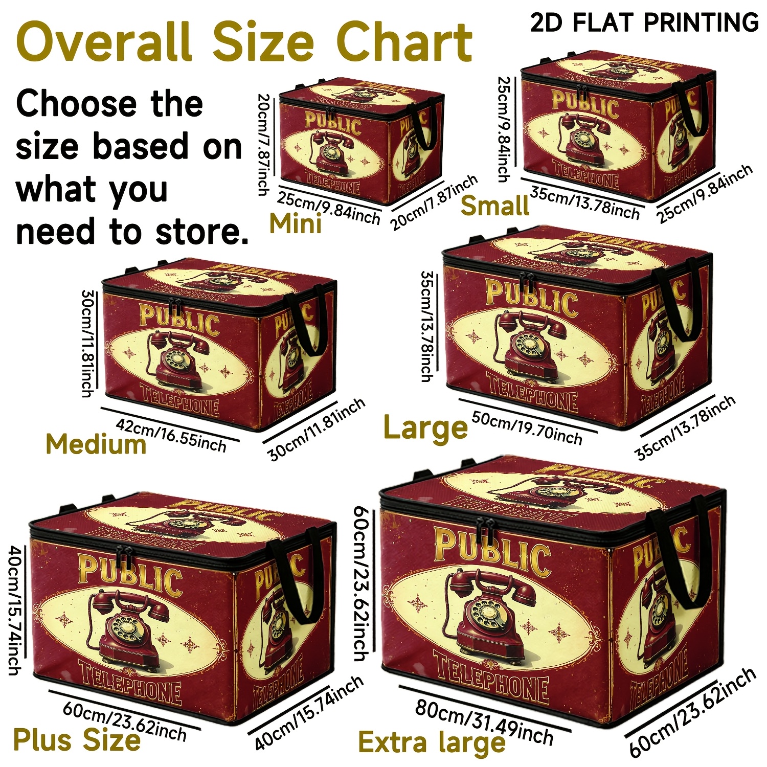 TEMU 1pc Retro Vintage Telephone Print Large Capacity Storage Box, Can Store Seasonal Clothes, Books, Ornaments, Suitable For Study, Bedroom, Closet,