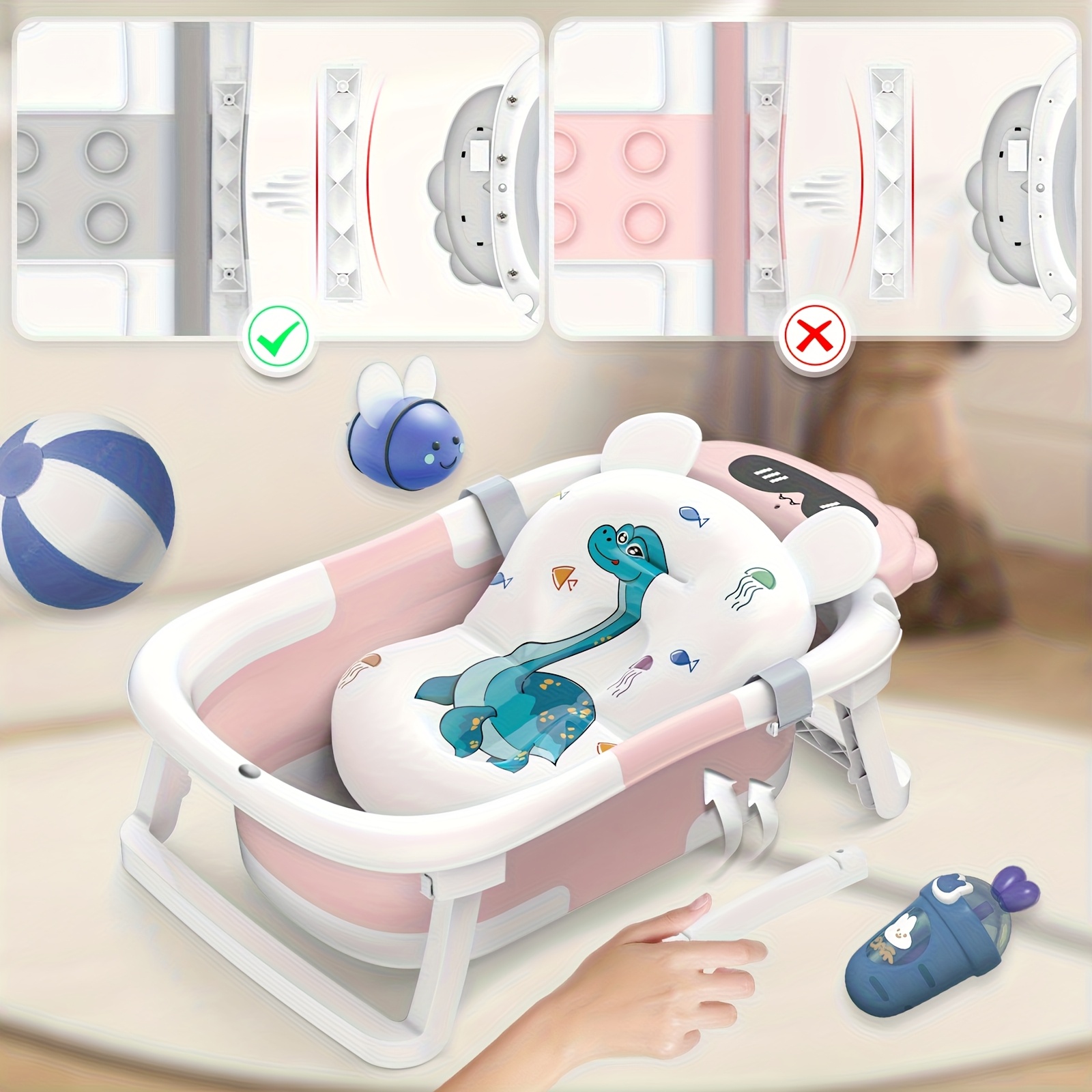 Kada za bebe s dinosaurima, sklopiva PP protuklizna kada za kupanje s jastučićem za podršku, sklopiva kada za novorođenčad i malu djecu od 0-24 mjeseca, poklon za Noć vještica, Božić, Novu godinu i Dan zahvalnosti, Zabavna Baby Shower,Igrački dizajn,Lagani materijal,Protuklizna površina,Novi