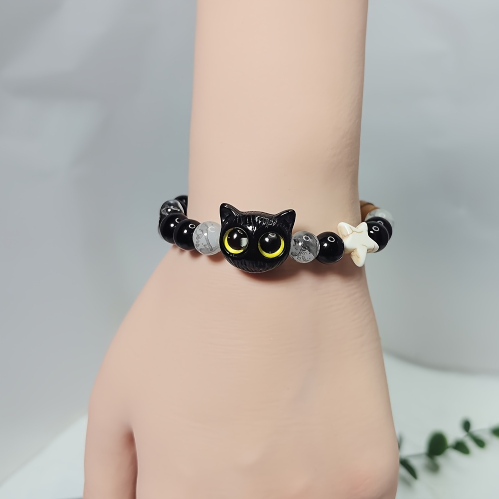 Charming Cat with Golden Star Eyes Bracelet Vintage Ceramic