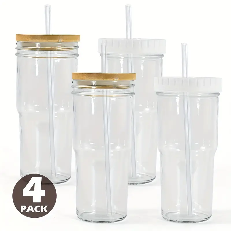 pack of 4 glass cups with bamboo lids and glass straws 24oz glass tumbler with two lid and straw wide mouth boba cup smoothie tumbler iced coffee cup travel mug Product details 1