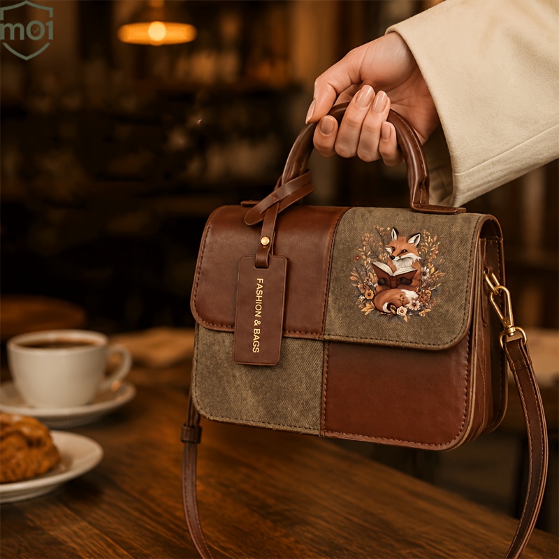 TEMU 1pc Women's Handbag Autumn Floral Fox Reading Pattern Print Featuring A Vintage Square Shape Color- Magnetic Closure And Adjustable Shoulder